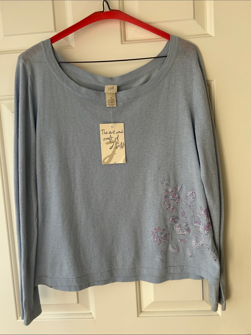 J. Jill Light Blue Long Sleeve Top with Lavender Embroidered Floral Accent